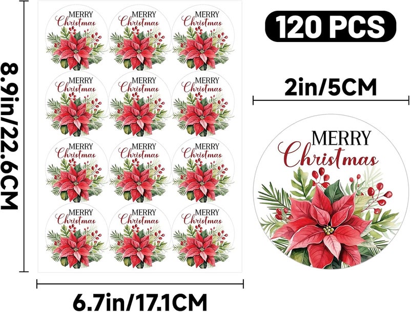 Alynta Merry Christmas Stickers - 2 Inch Holiday Stickers 120Pcs Large Round Christmas Card Sticker Labels Self-Adhesive Xmas Poinsettias Sticker for Envelope Seals Card Ornament (Red) - Image 2
